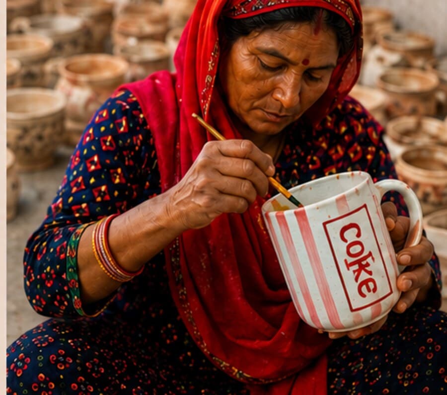 Artisan hand-painting a ceramic mug in Khurja
