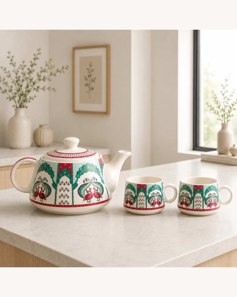 Peacock Tea Set | Ceramic Kettle & 6 Cups | Handcrafted Tea Set | Printed Tea Set | Gift Tea Set